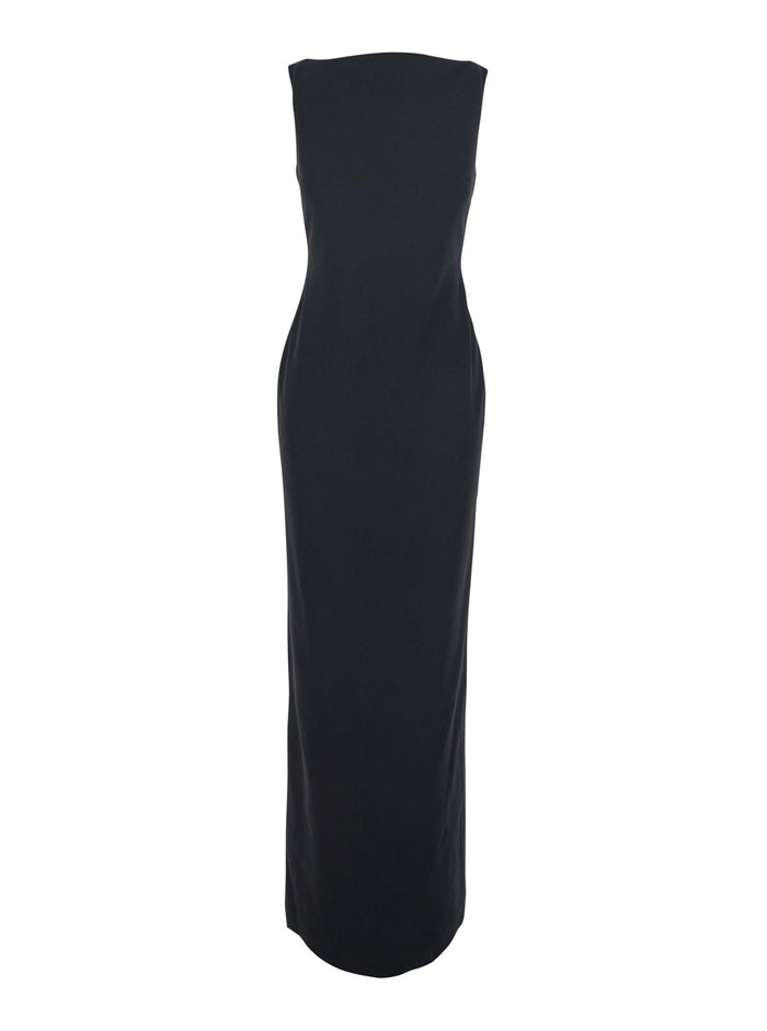 Black Long Dress with Square Neckline and Cut Out on the Back in Fabric Woman Polyester Elastane