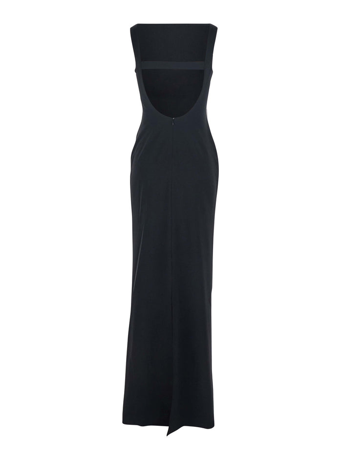 Black Long Dress with Square Neckline and Cut Out on the Back in Fabric Woman Polyester Elastane