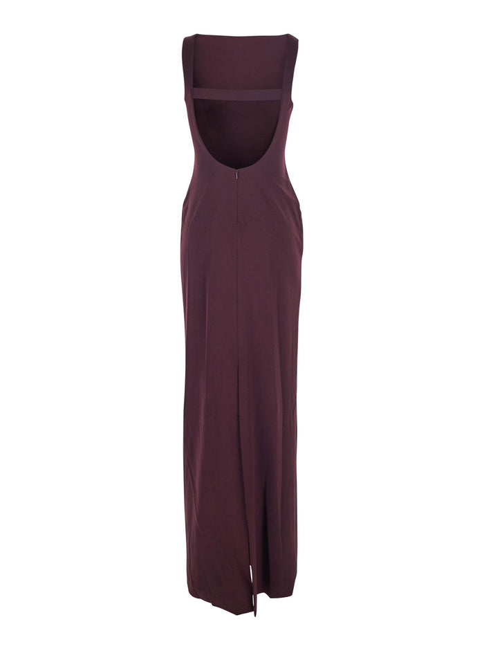 Bordeaux Long Dress with Square Neckline and Cut Out on the Back in Fabric Woman Polyester Elastane