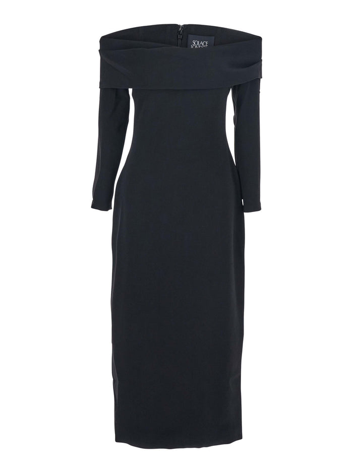 Yuni Black Dress with Square Neckline and Back Closure in Fabric Woman Polyester