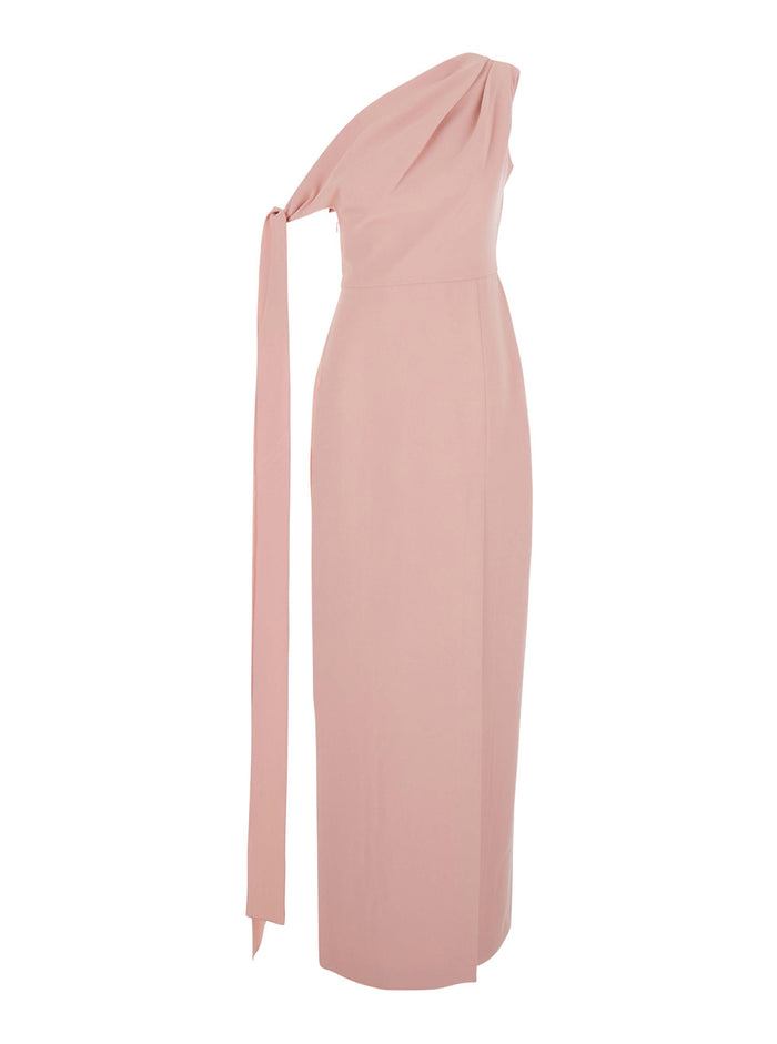 Irina Pink One-Shoulder Long Dress with Draped Neckline in Fabric Woman Polyester