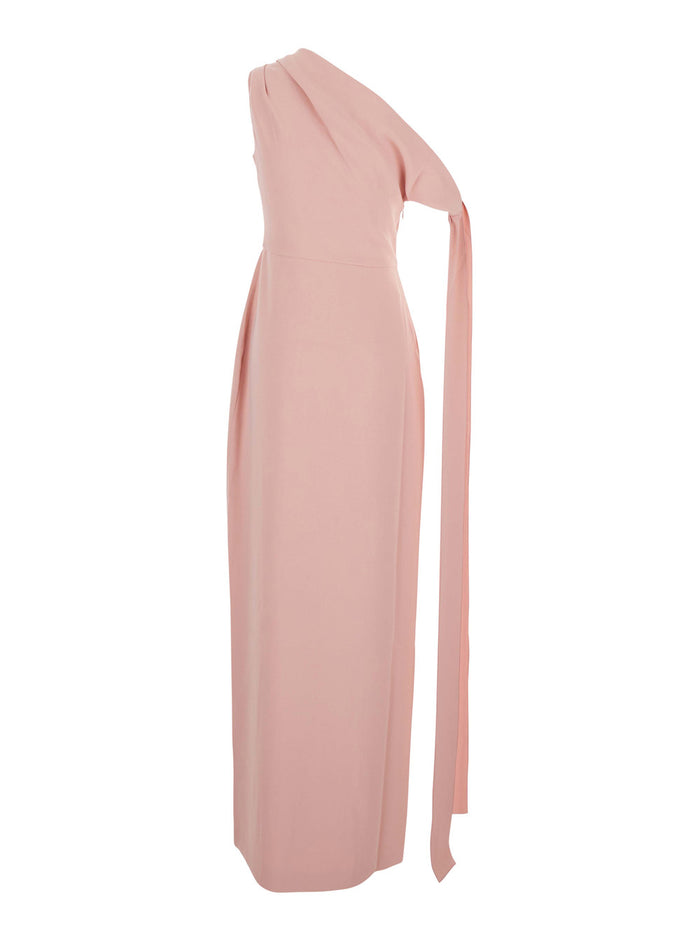 Irina Pink One-Shoulder Long Dress with Draped Neckline in Fabric Woman Polyester