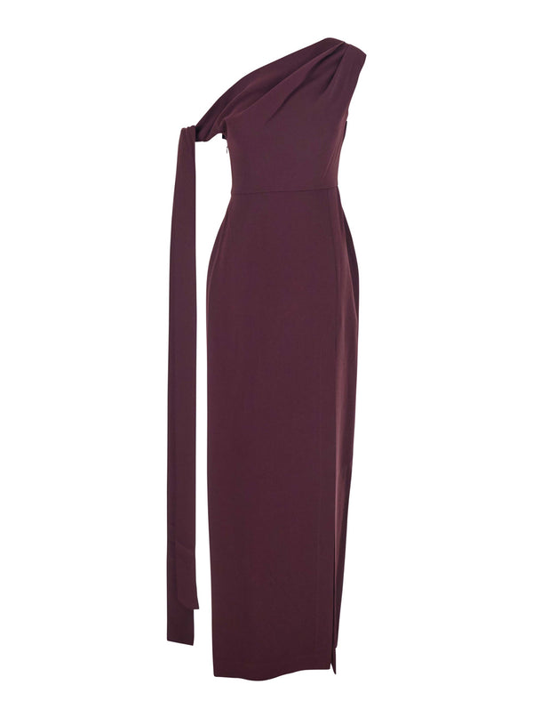 Bordeaux One-Shoulder Long Dress With Draped Neckline Polyester