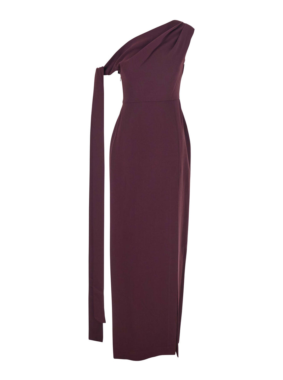 Bordeaux One-Shoulder Long Dress With Draped Neckline Polyester