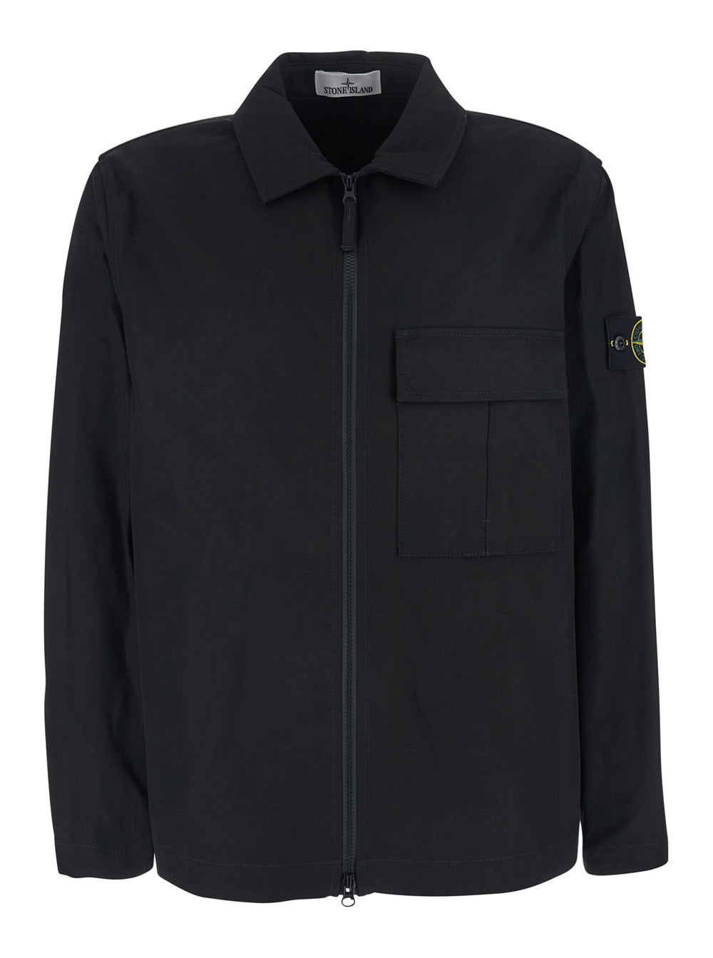 Black Shirt With Classic Collar And Logo Patch On The Sleeve Cotton Man Blouses