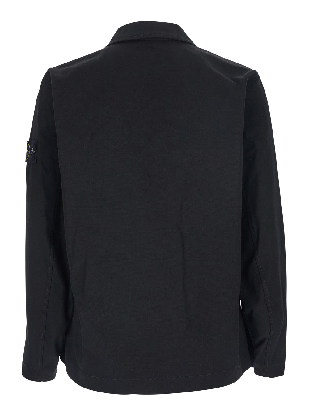 Black Shirt With Classic Collar And Logo Patch On The Sleeve Cotton Man Blouses