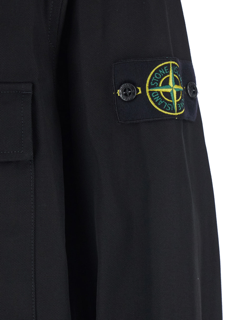 Black Shirt With Classic Collar And Logo Patch On The Sleeve Cotton Man Blouses
