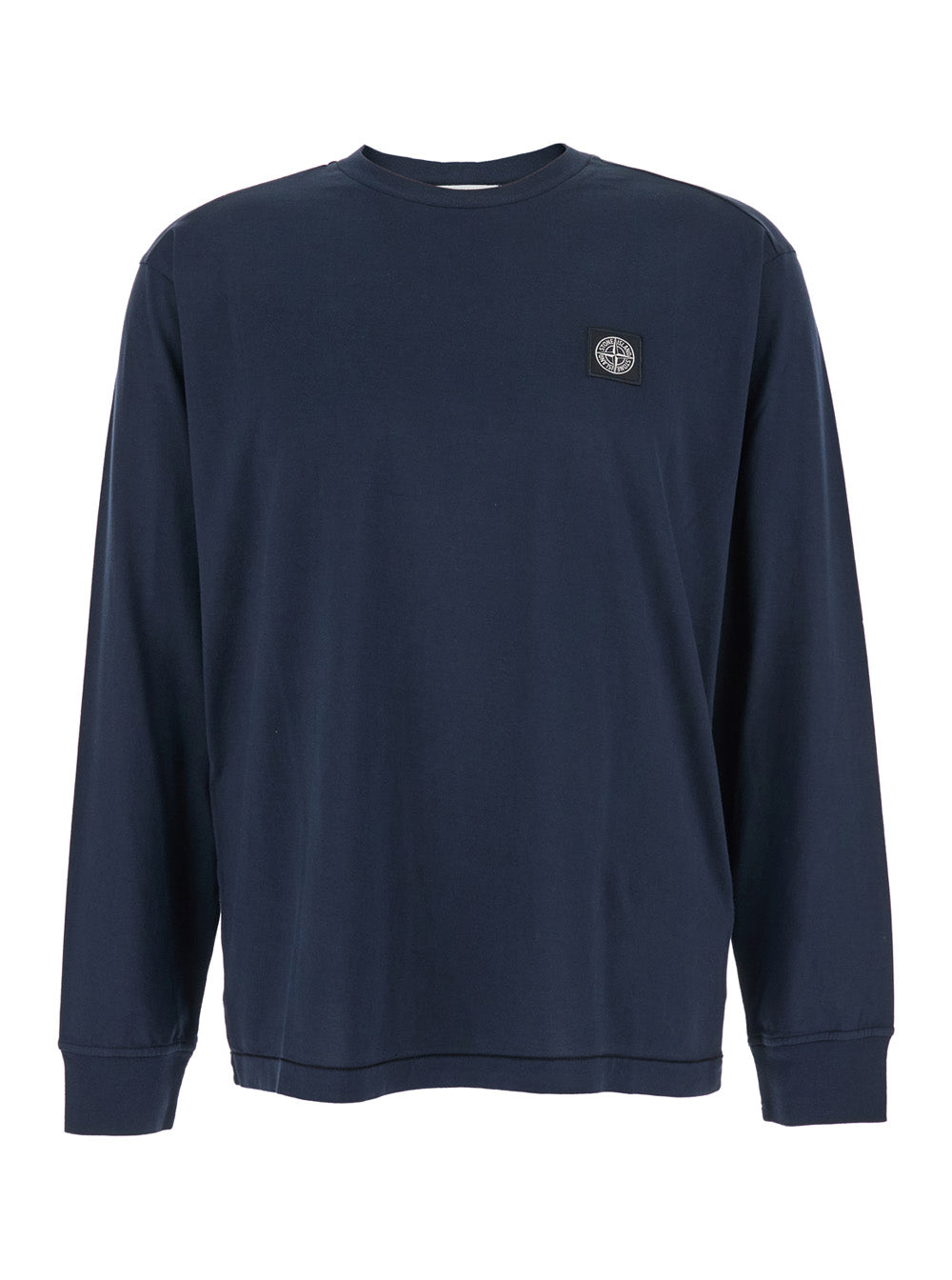 Blue Crewneck Sweater With Logo Patch Cotton Man Blu Jersey