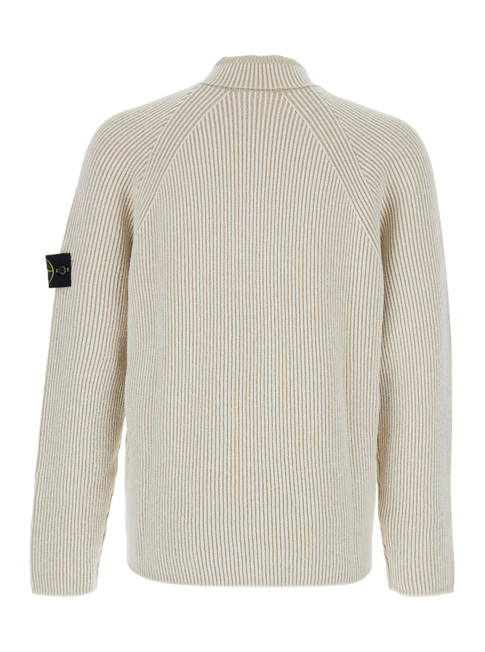 White Sweater with Logo Patch on the Sleeve and Front Half Zip Closure in Wool Stretch Man Jersey