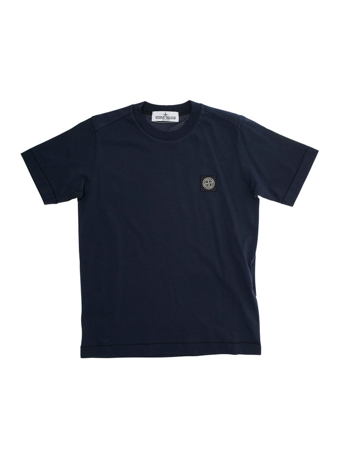 Blue T-Shirt with Round Neck and Logo Patch on the Front in Cotton Boy Blu Tshirts Polo Shirts