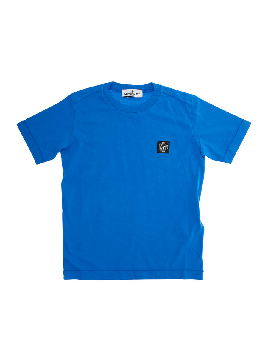 Blue Round Neck T-Shirt With Logo Patch Cotton T-shirts