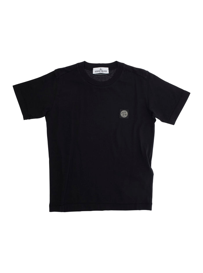 Black T-Shirt with Round Neck and Logo Patch on the Front in Cotton Boy Tshirts Polo Shirts