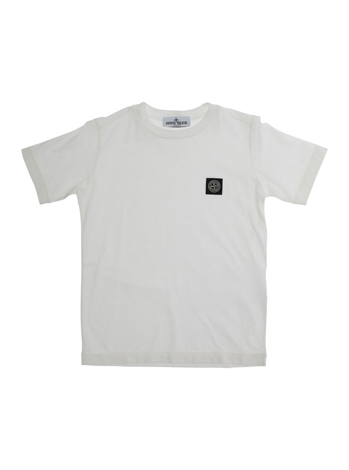 White T-Shirt with Round Neck and Logo Patch on the Front in Cotton Boy Tshirts Polo Shirts