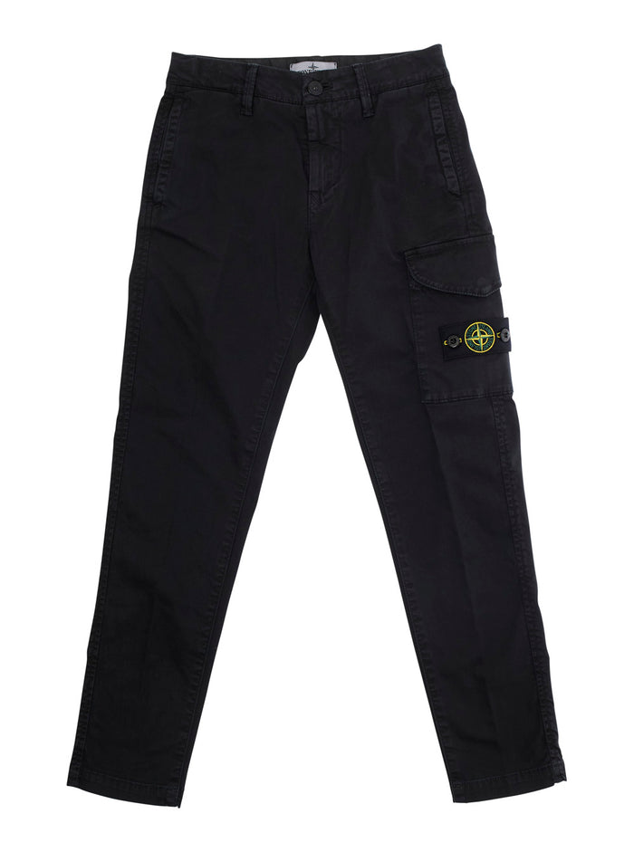 Black Pants with One Cargo Pocket on the Front and Logo Patch in Cotton Stretch Boy Elastane Trousers