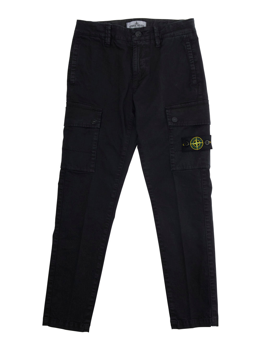 Black Pants with Two Front Cargo Pockets and Logo Patch on the Pocket in Cotton Stretch Boy Elastane Trousers