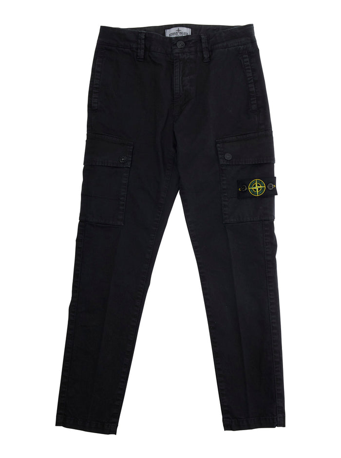 Black Pants with Two Front Cargo Pockets and Logo Patch on the Pocket in Cotton Stretch Boy Elastane Trousers