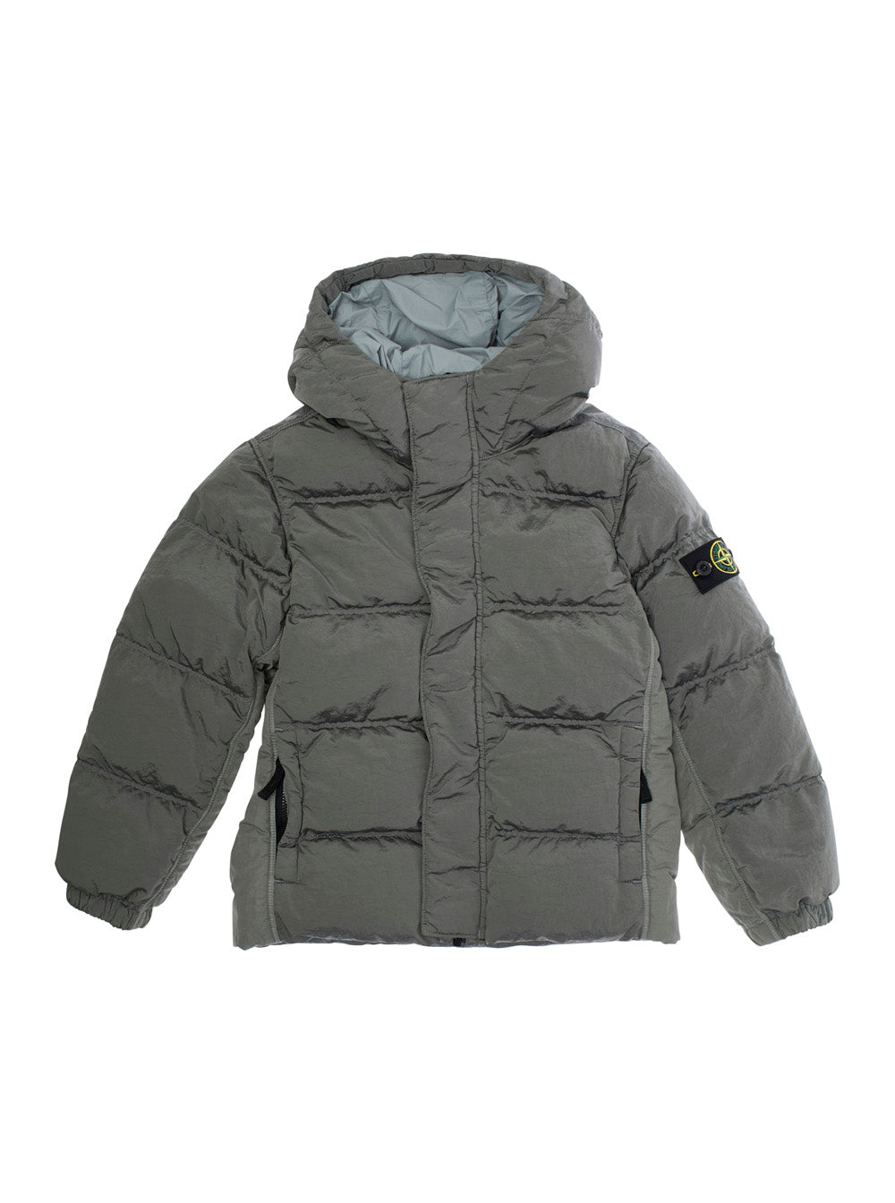 Grey Down Jacket With Fixed Hood And Logo Patch On The Sleeve Tech Fabric Boy Polyamide Fibers