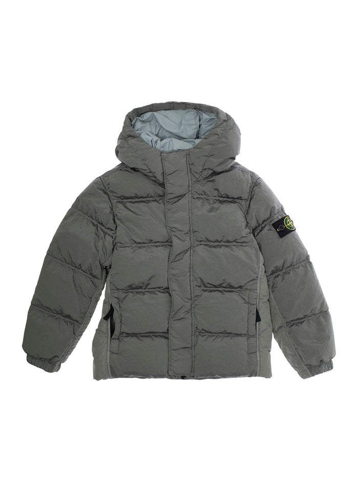 Grey Down Jacket With Fixed Hood And Logo Patch On The Sleeve Tech Fabric Boy Polyamide Fibers