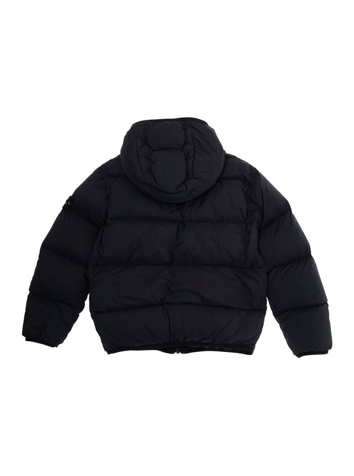 Black Down Jacket with Fixed Hood and Logo Patch on the Sleeve in Tech Fabric Boy Polyamide Fibers Elastane