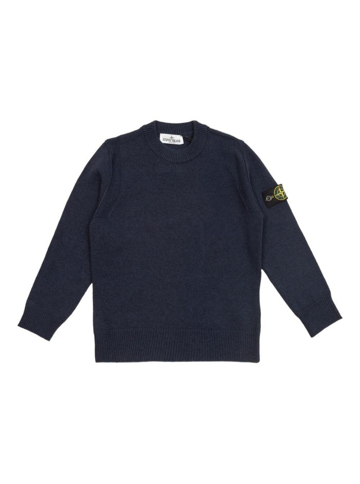 Blue Crewneck Sweater with Logo Patch on the Sleeve in Ribbed Trims Wool and Cashmere Blend Boy Blu Jersey