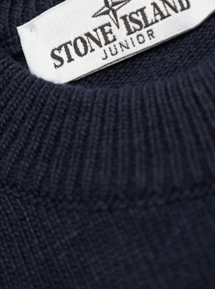 Blue Crewneck Sweater with Logo Patch on the Sleeve in Ribbed Trims Wool and Cashmere Blend Boy Blu Jersey