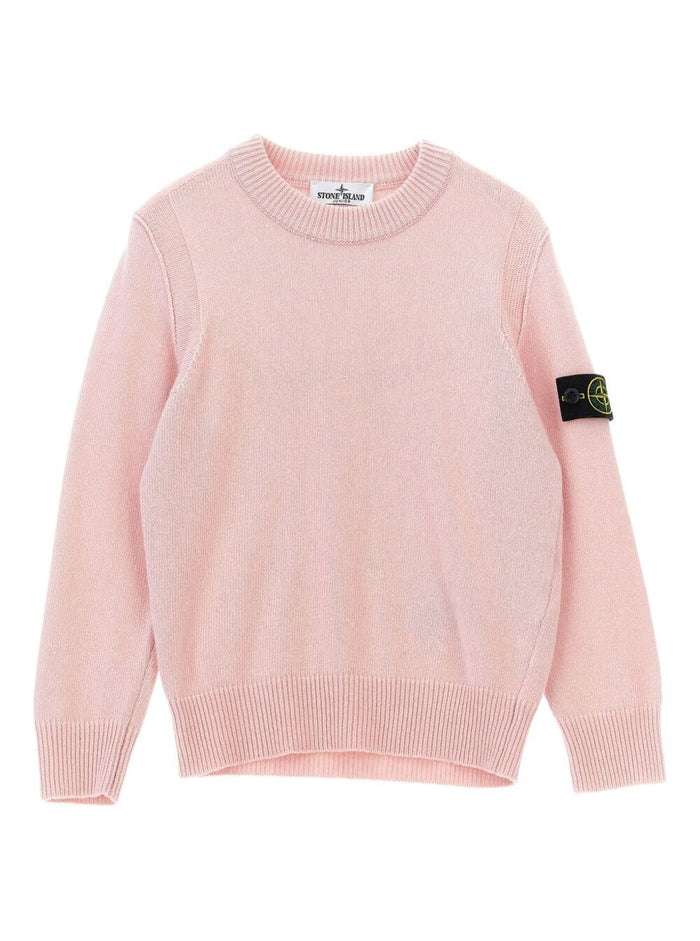 Pink Crewneck Sweater With Logo Patch On The Sleeve Ribbed Trims Wool And Cashmere Blend Boy Jersey