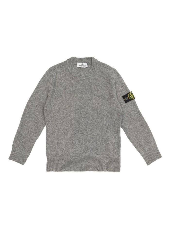 Grey Crewneck Sweater with Logo Patch on the Sleeve in Ribbed Trims Wool and Cashmere Blend Boy Jersey
