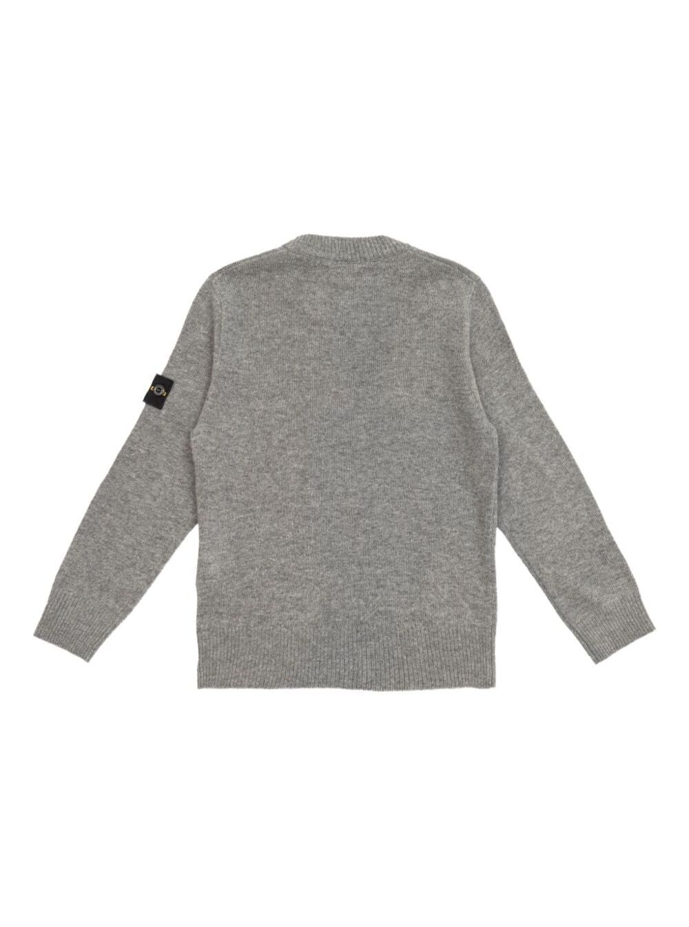 Grey Crewneck Sweater with Logo Patch on the Sleeve in Ribbed Trims Wool and Cashmere Blend Boy Jersey
