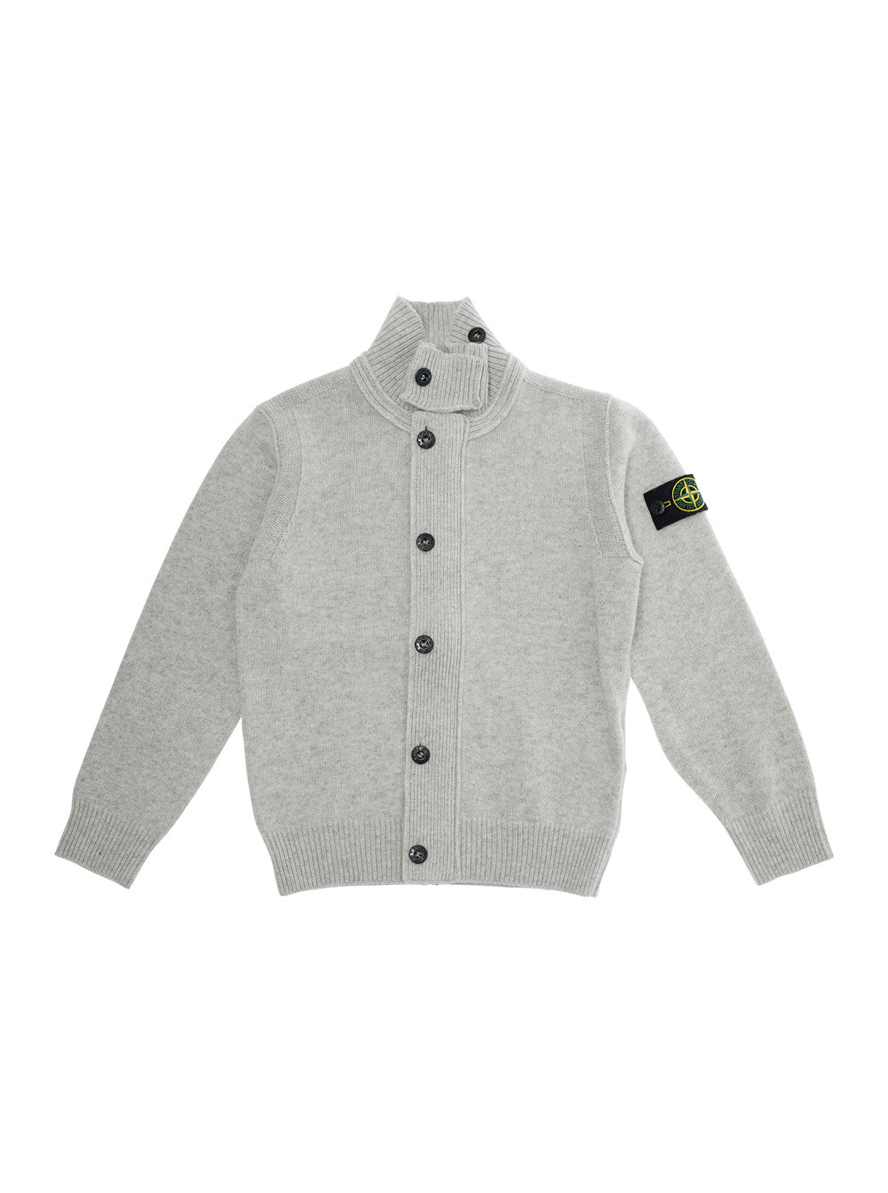 Grey Cardigan with High Neck and Logo Patch on the Sleeve in Wool Cashmere Blend Boy Jersey