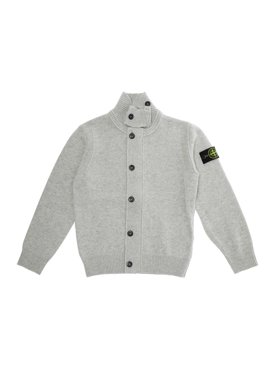 Grey Cardigan With High Neck And Logo Patch Virgin Wool Tops