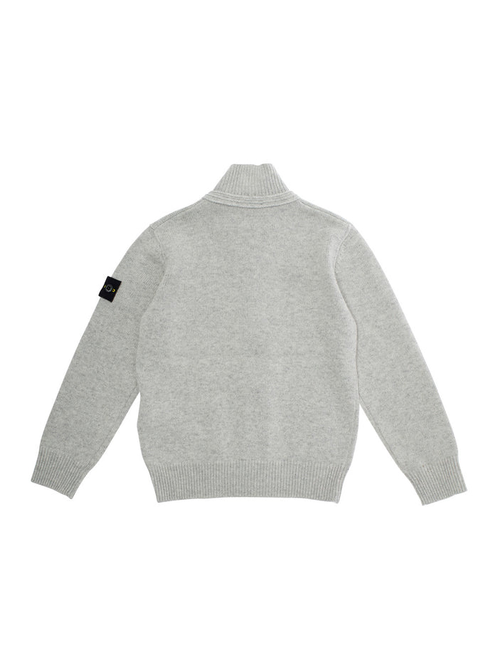 Grey Cardigan with High Neck and Logo Patch on the Sleeve in Wool Cashmere Blend Boy Jersey