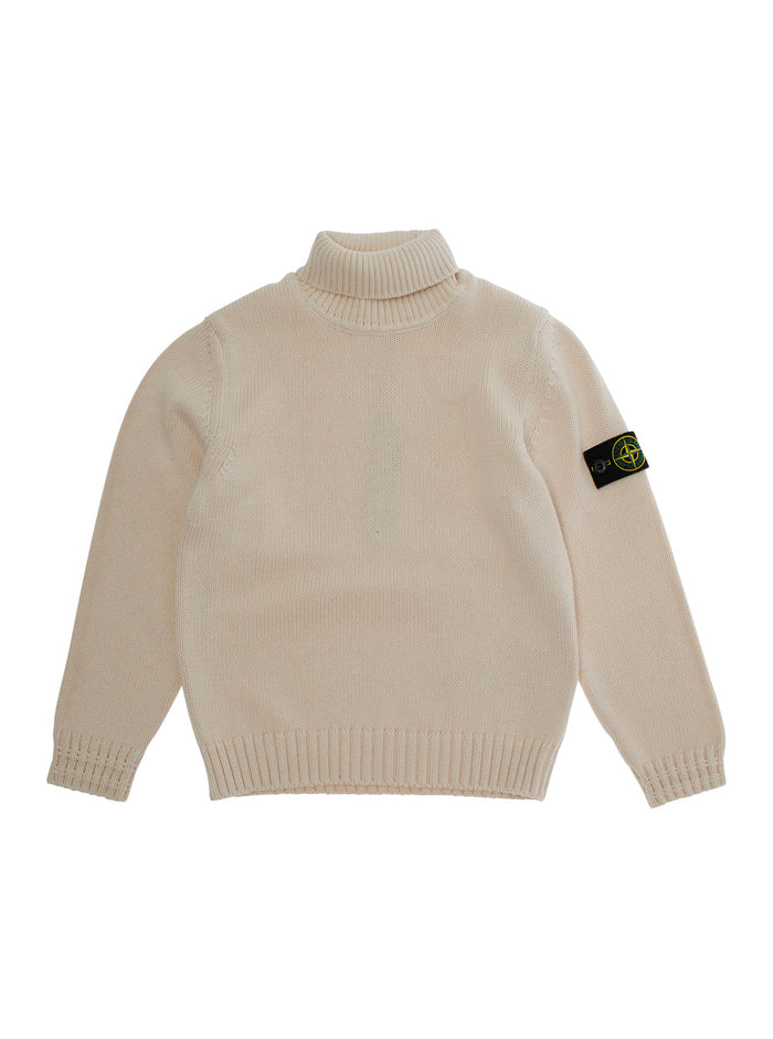 White Turtleneck Sweater With Ribbed Trims Cotton Blend Boy Polyamide Fibers Jersey