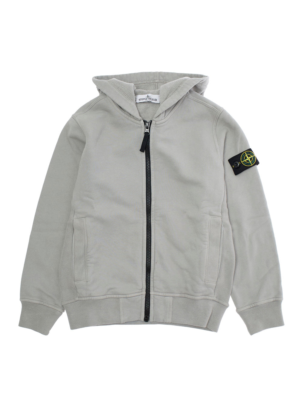 Grey Sweatshirt with Fixed Hood and Logo Patch on the Sleeve in Cotton Boy Sweatshirts