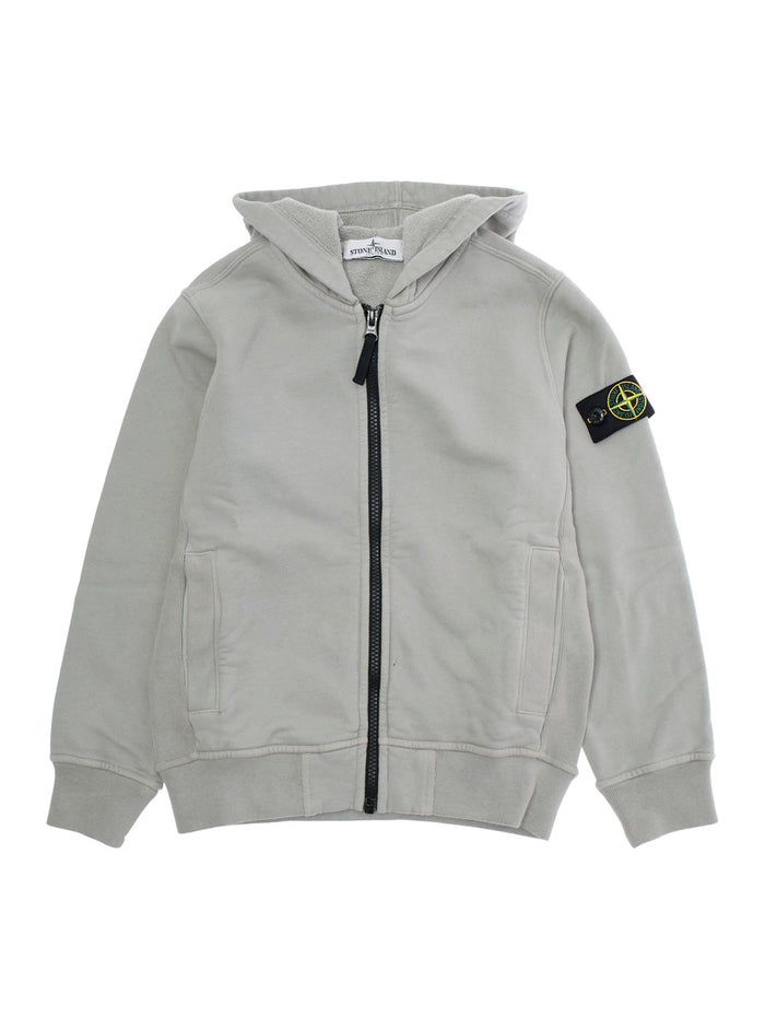 Grey Sweatshirt with Fixed Hood and Logo Patch on the Sleeve in Cotton Boy Sweatshirts