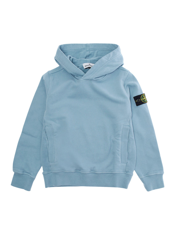 Light Blue Sweatshirt with Fixed Hood and Logo Patch on the Sleeve in Cotton Boy Sweatshirts