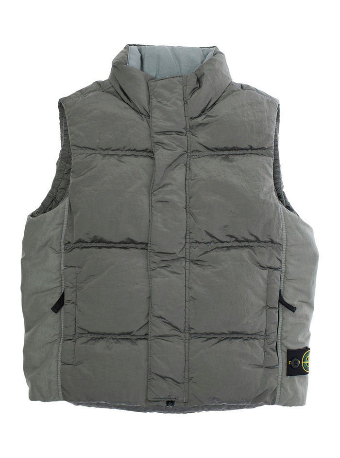Grey Sleeveless Down Jacket with Logo Patch on the Front in Tech Fabric Boy Polyamide Fibers