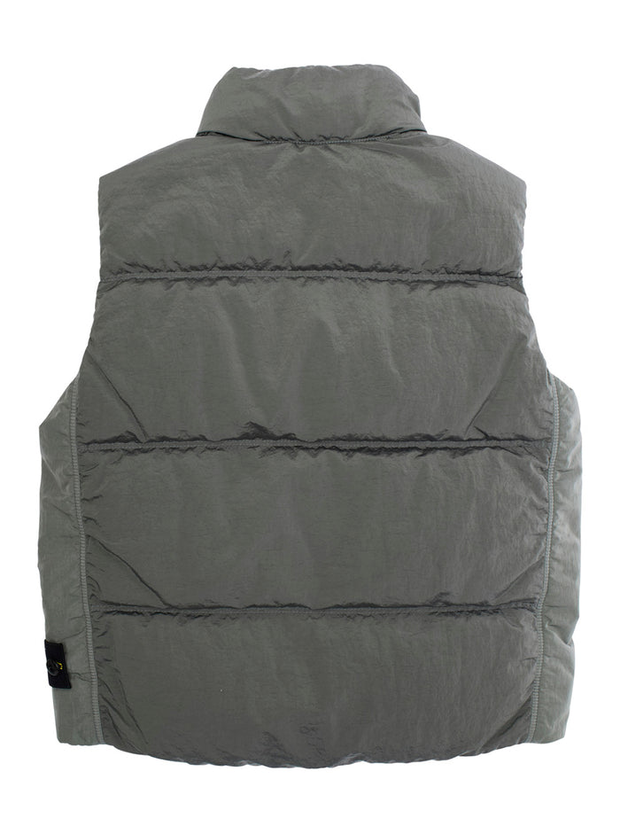 Grey Sleeveless Down Jacket with Logo Patch on the Front in Tech Fabric Boy Polyamide Fibers