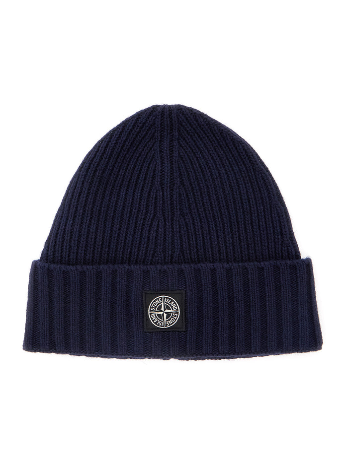 Blue Beanie with Logo Patch on the Front in Wool Blend Boy Blu Hats And Gloves