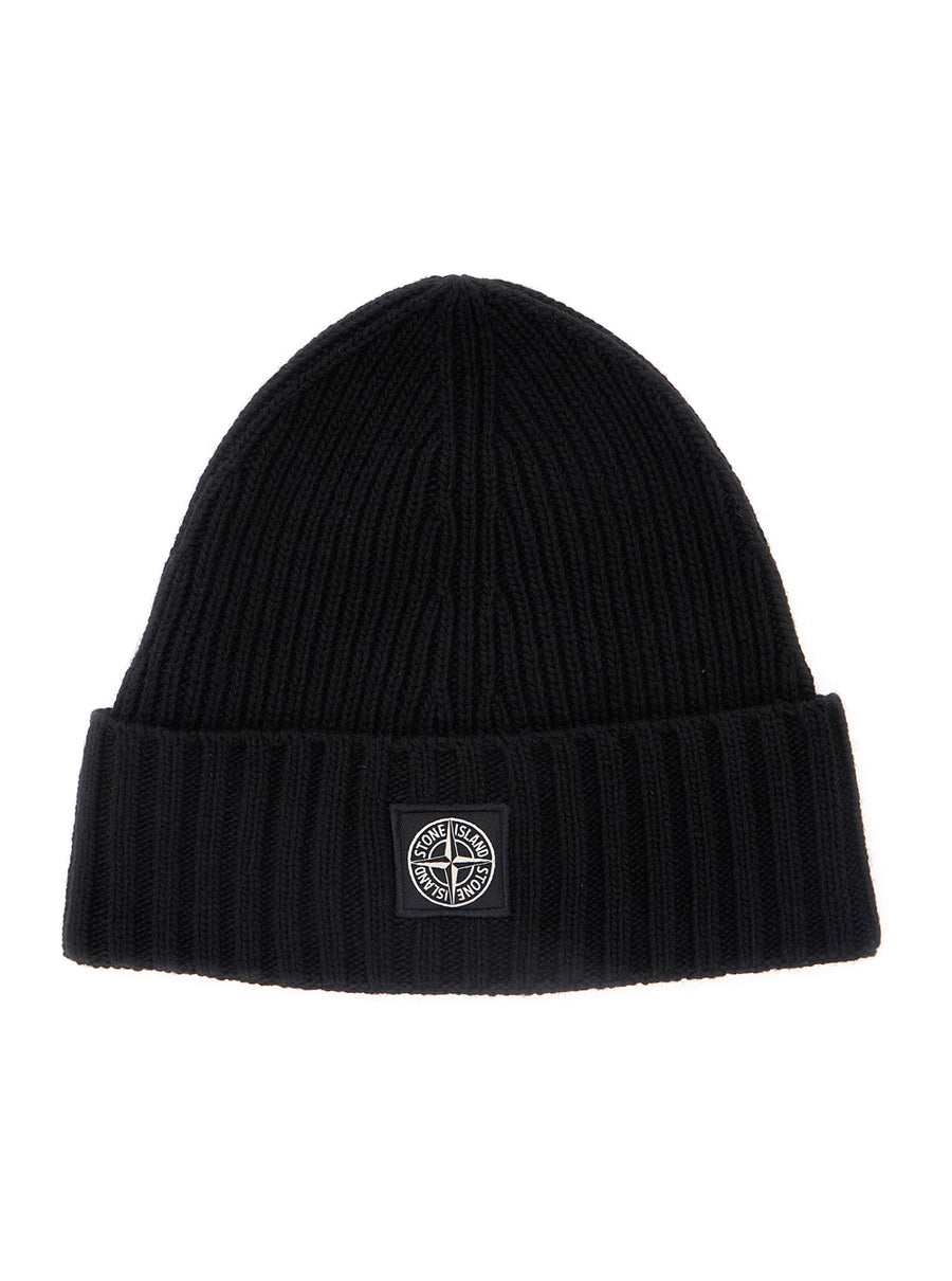 Black Beanie With Logo Patch Virgin Wool Hat