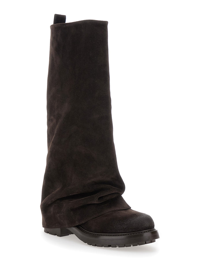 Brown Multilayer Combat Boots with One Block Sole in Suede Woman 100 % Calf