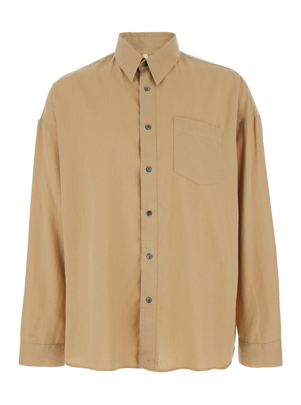Beige Shirt With Classic Collar Linen Blend