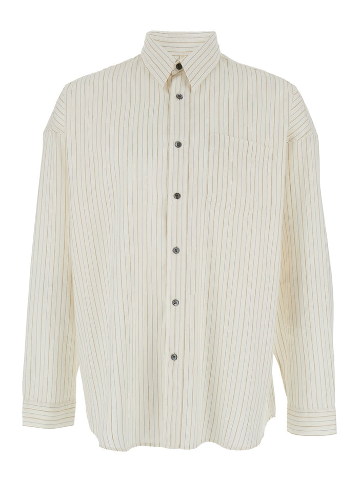 Stable White Shirt With Classic Collar And All-Over Striped Motif Linen Blend Man Blouses