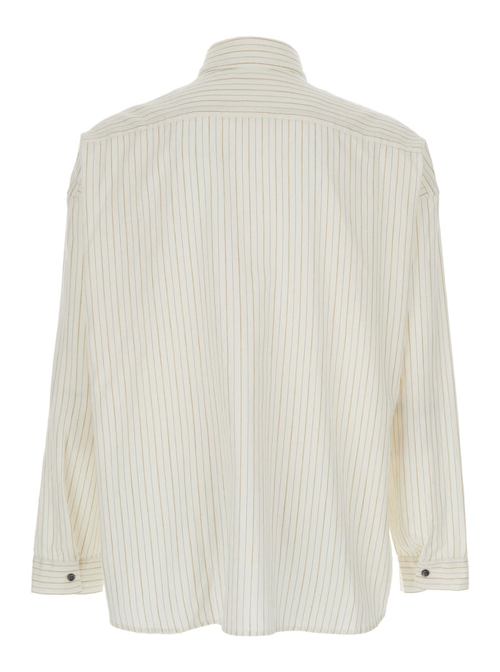 Stable White Shirt With Classic Collar And All-Over Striped Motif Linen Blend Man Blouses