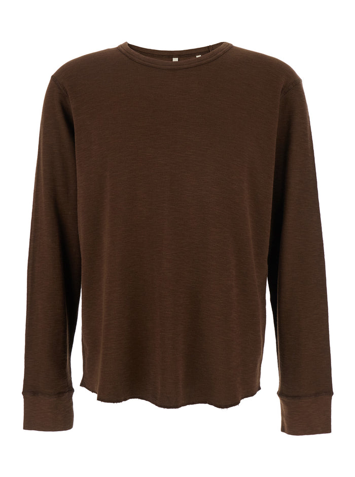 Brown Crewneck T-Shirt With Long Sleeves And Fringed Hem Cotton Man Tshirts Polo Shirts