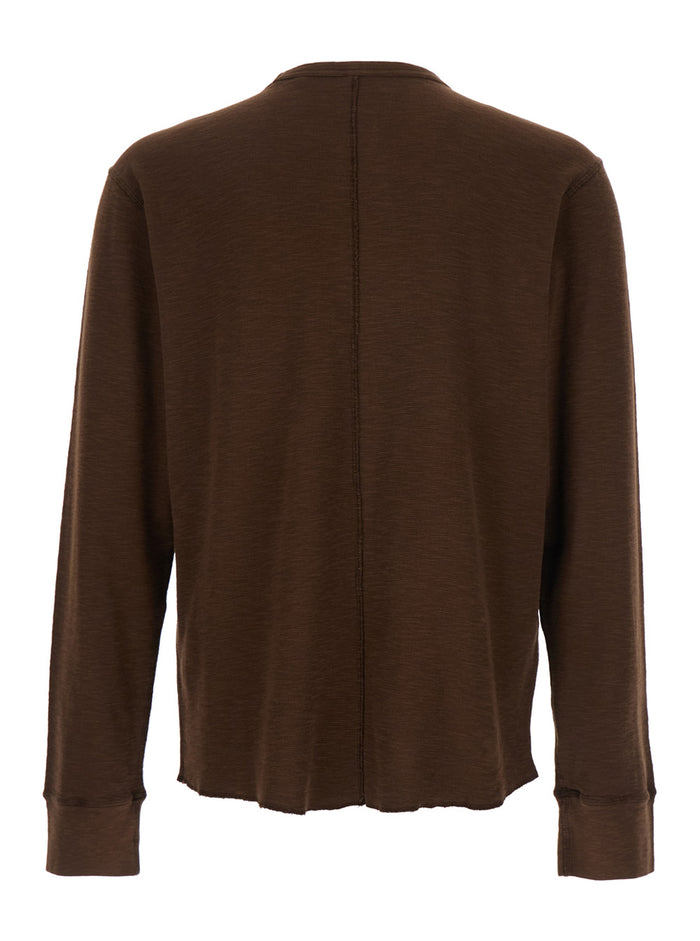 Brown Crewneck T-Shirt With Long Sleeves And Fringed Hem Cotton Man Tshirts Polo Shirts