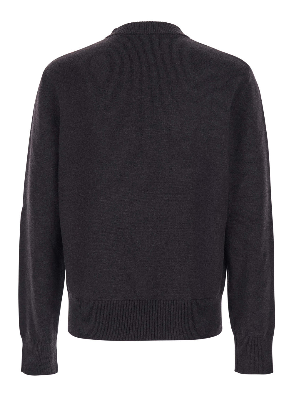 Dark Brown Crew Neck Sweater with Dropped Shoulder in Wool Blend Man Jersey