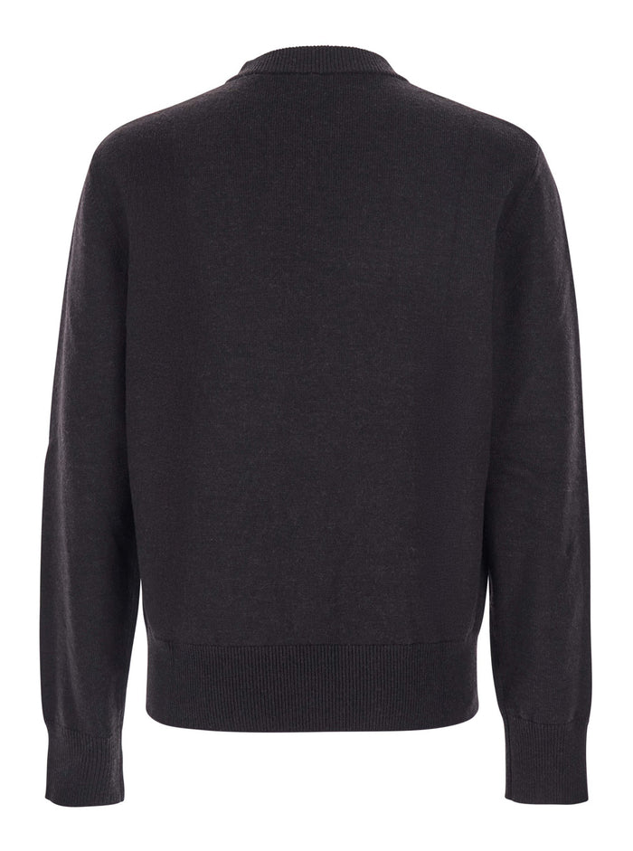 Dark Brown Crew Neck Sweater with Dropped Shoulder in Wool Blend Man Jersey