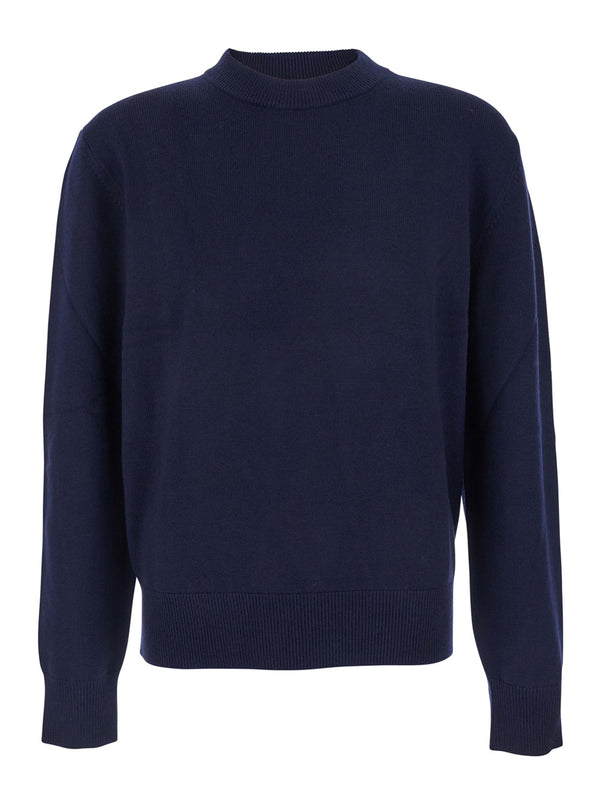 Blue Crew Neck Sweater With Dropped Shoulders Wool Blend Tops