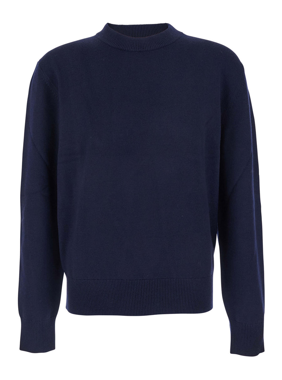 Blue Crew Neck Sweater With Dropped Shoulders Wool Blend Tops