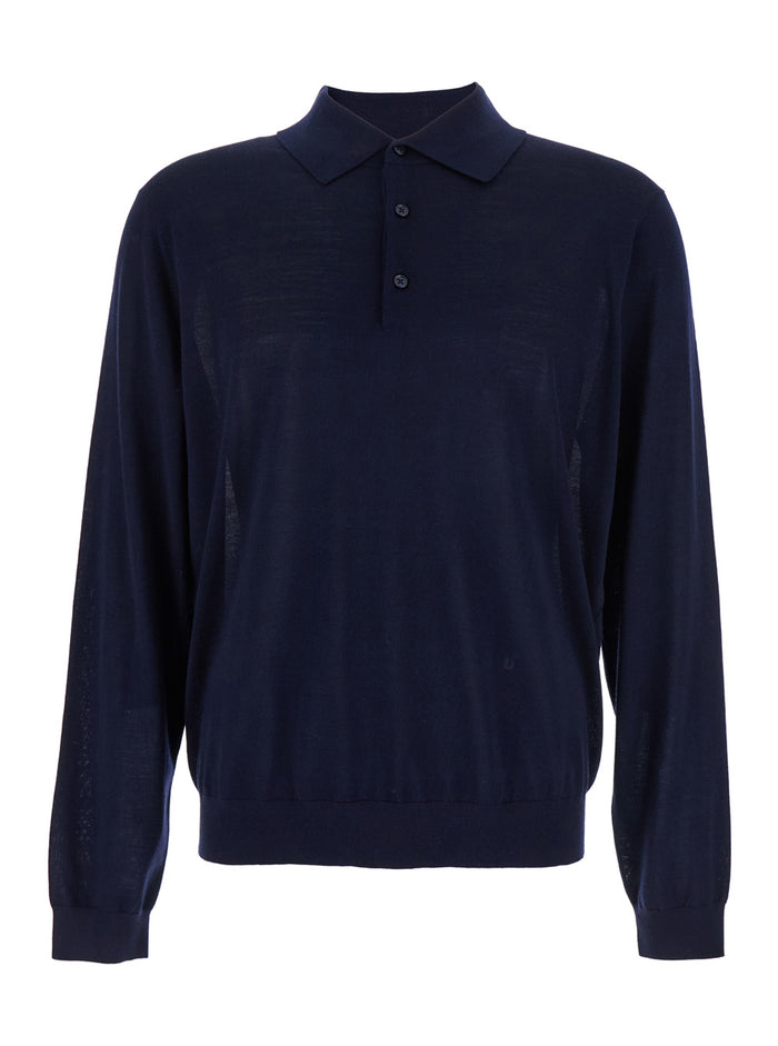 Blue Polo Shirt with Classic Collar and Ribbed Trims in Wool Man Blu Tshirts